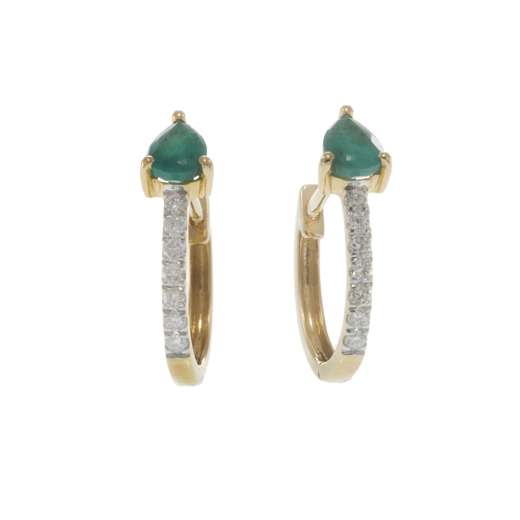 14KT Yellow Gold Emerald and Diamond Huggie Earrings