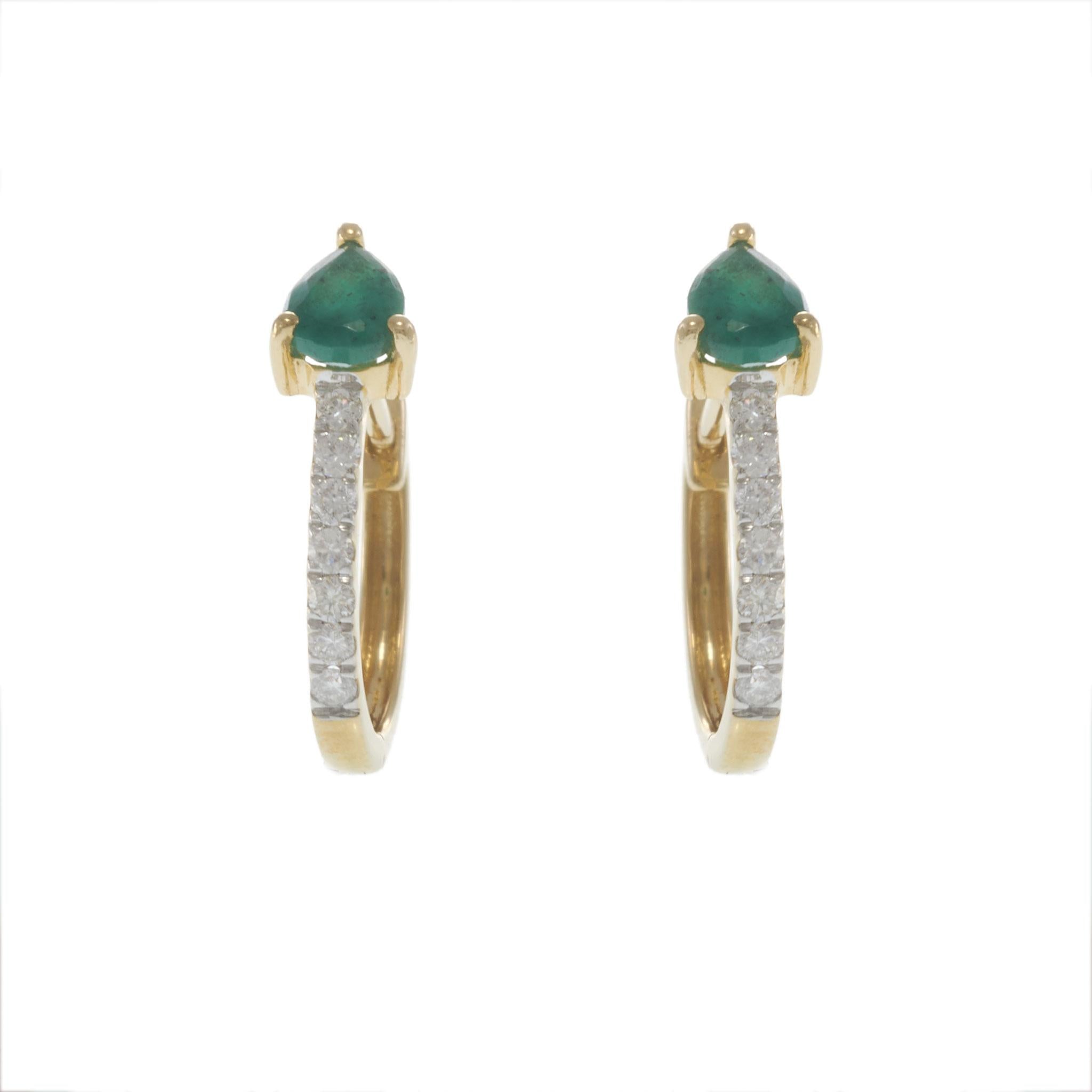 14KT Yellow Gold Emerald and Diamond Huggie Earrings