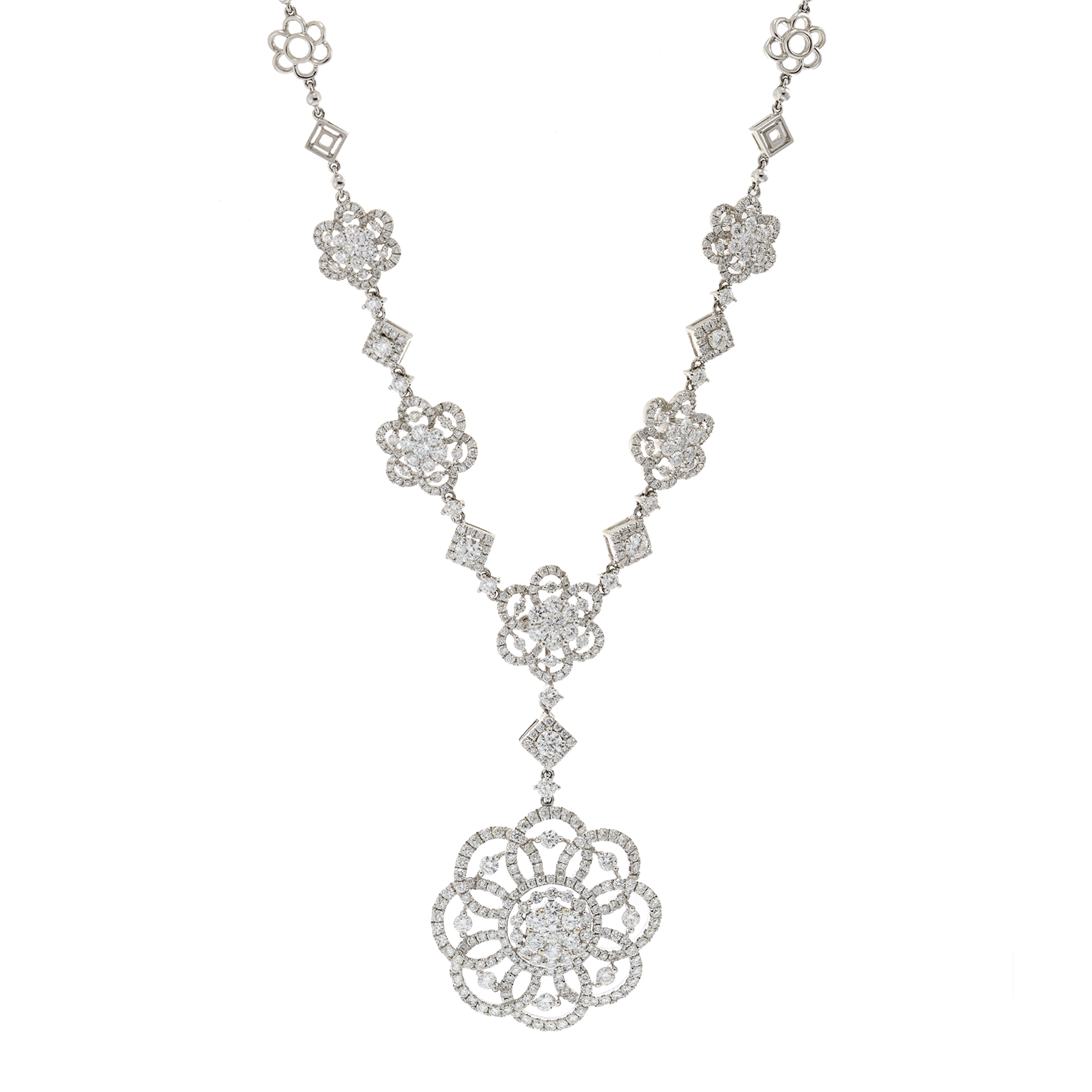 18KT White Gold Diamond Flower Drop Necklace