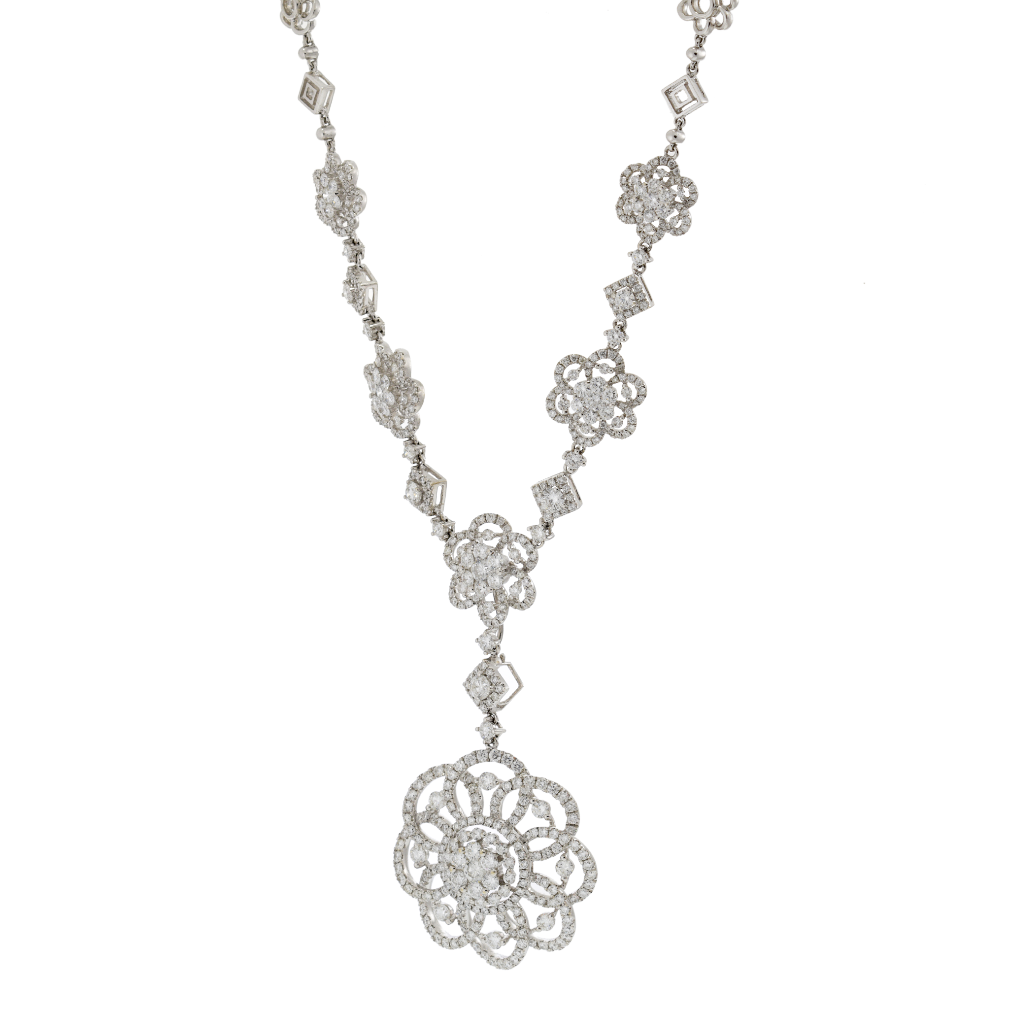 18KT White Gold Diamond Flower Drop Necklace