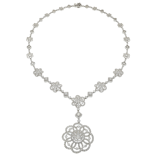 18KT White Gold Diamond Flower Drop Necklace