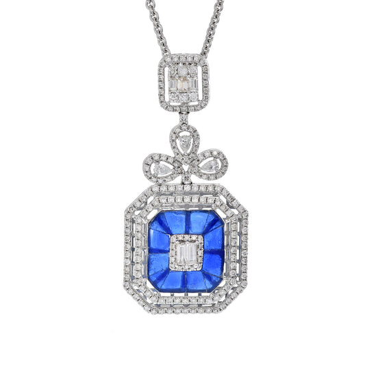 14KT White Gold Multi Cut Sapphire Diamond Fancy Drop Necklace