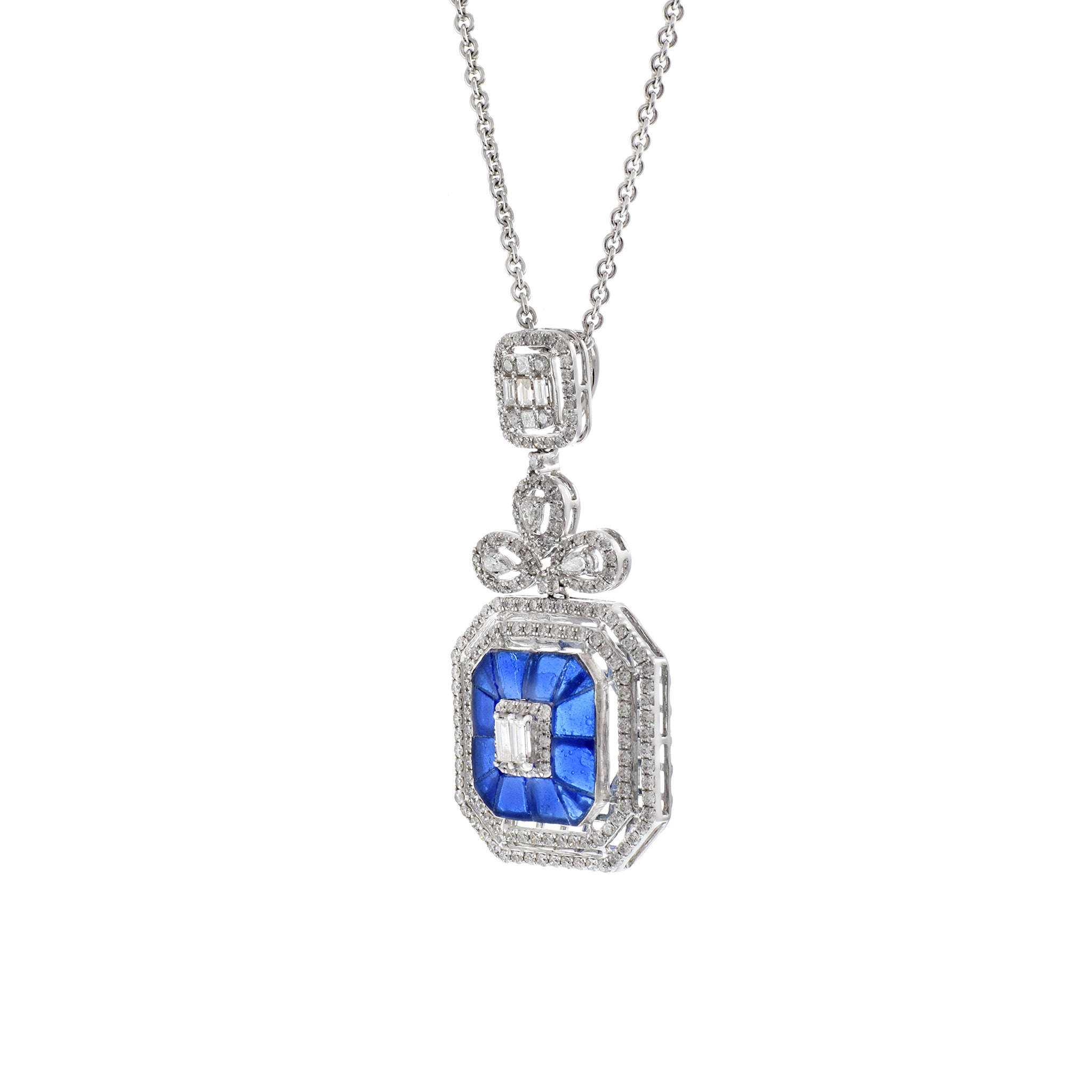 14KT White Gold Multi Cut Sapphire Diamond Fancy Drop Necklace