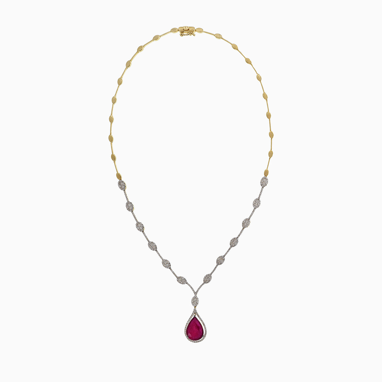 14KT Yellow Gold Ruby And Diamond Drop Necklace