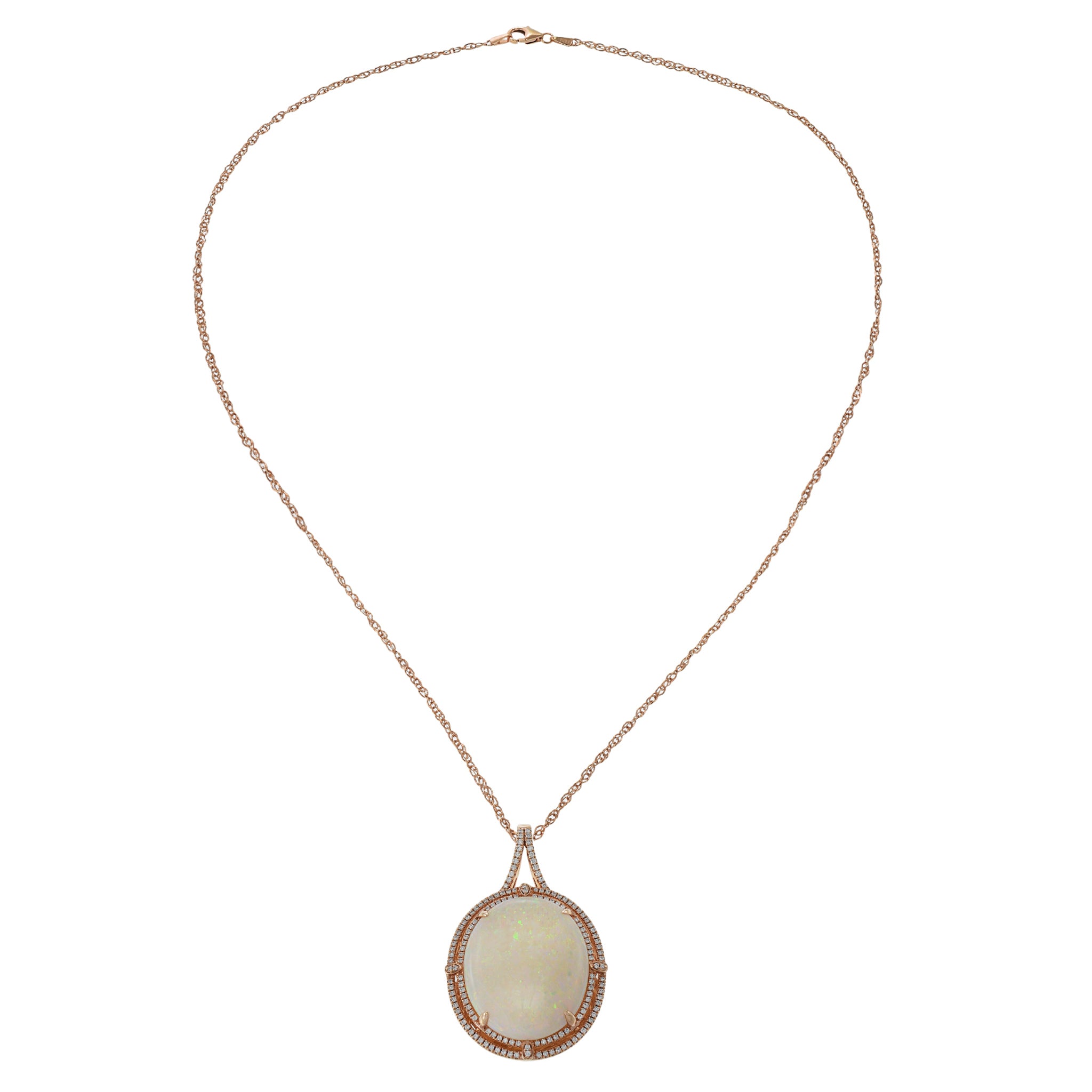 14KT Rose Gold Opal and Double Row Diamond Necklace