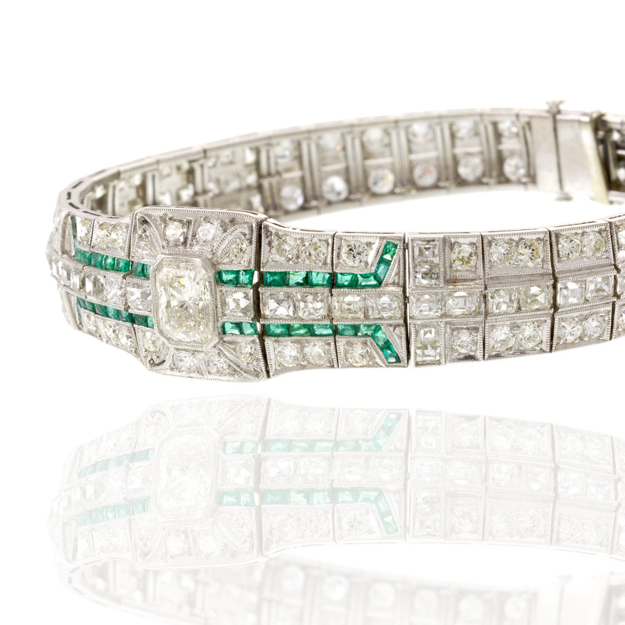Estate 1920s Diamond Bracelet With Emeralds