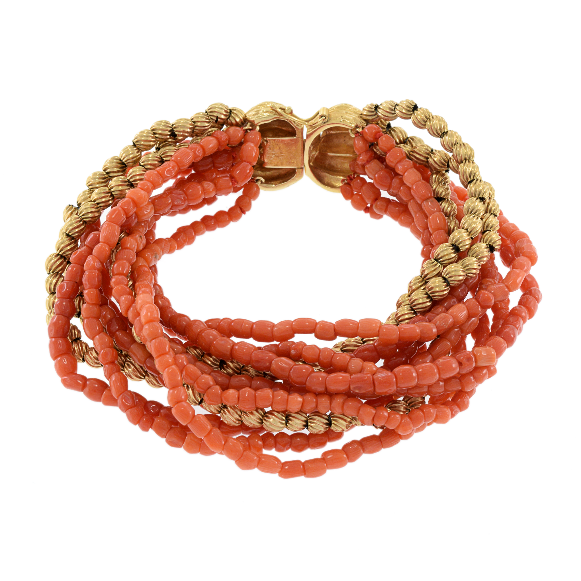 Estate Multi Strand Genuine Coral Beaded Bracelet with 14KT Yellow Gold Beads and Clasp