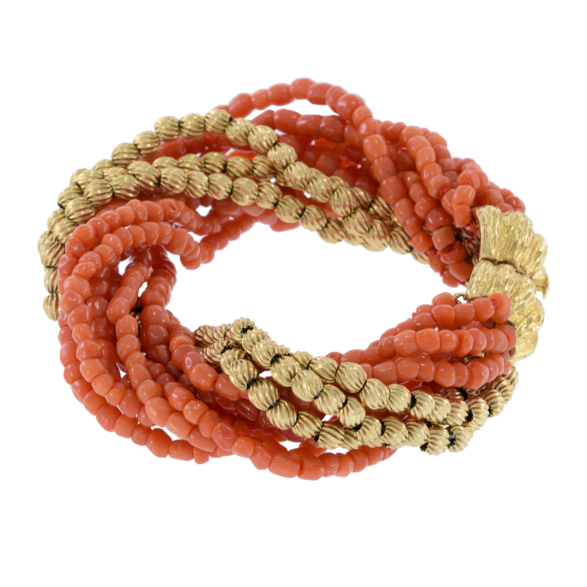 Estate Multi Strand Genuine Coral Beaded Bracelet with 14KT Yellow Gold Beads and Clasp