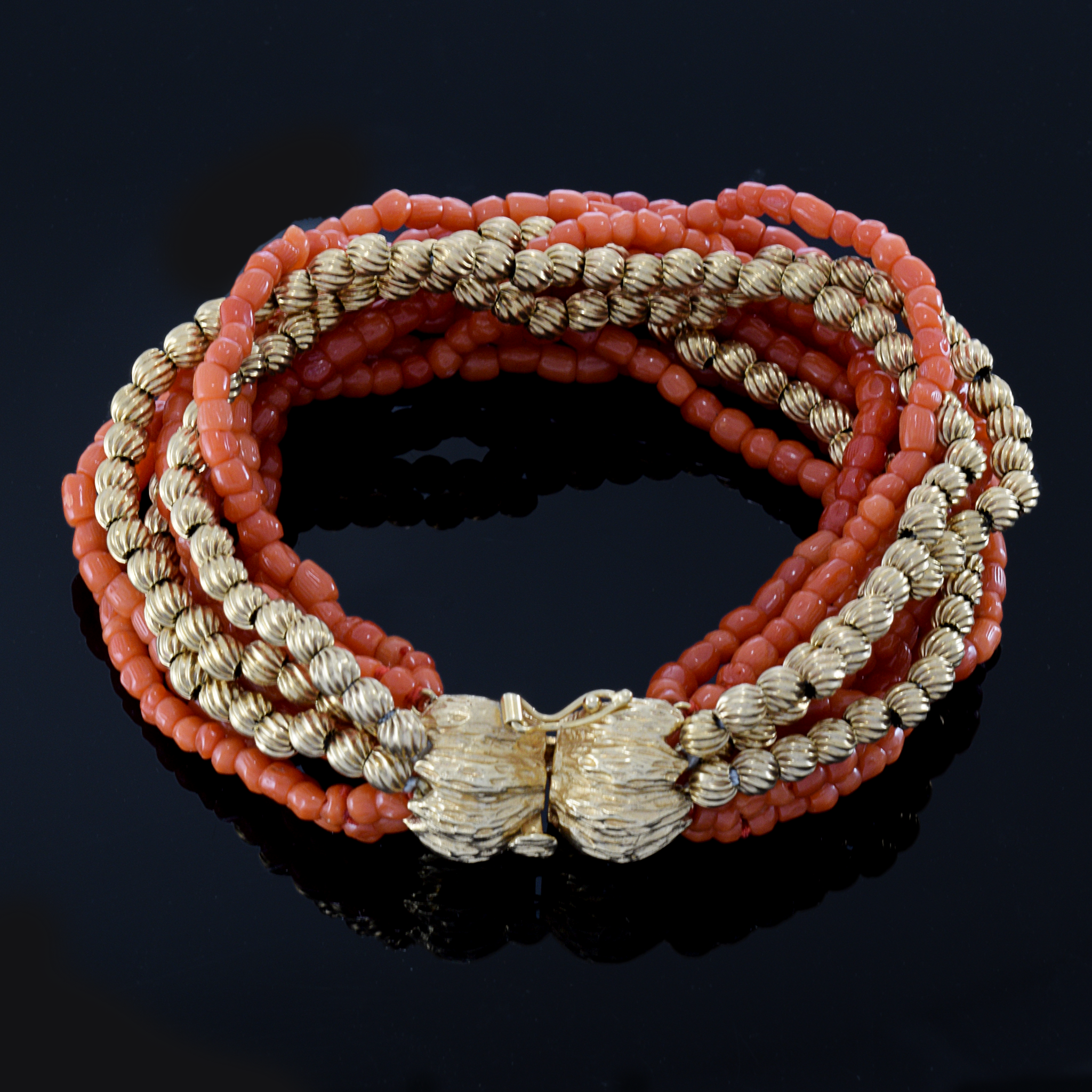 Estate Multi Strand Genuine Coral Beaded Bracelet with 14KT Yellow Gold Beads and Clasp