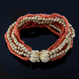 Estate Multi Strand Genuine Coral Beaded Bracelet with 14KT Yellow Gold Beads and Clasp