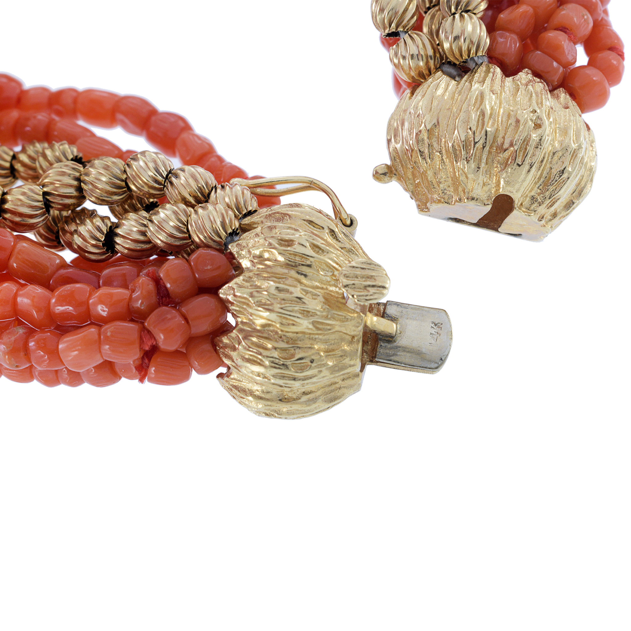 Estate Multi Strand Genuine Coral Beaded Bracelet with 14KT Yellow Gold Beads and Clasp