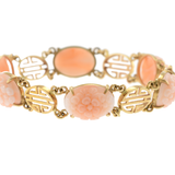 Vintage Retro 14KT Yellow Gold Genuine Pink Coral Carvings Bracelet