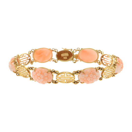 Vintage Retro 14KT Yellow Gold Genuine Pink Coral Carvings Bracelet