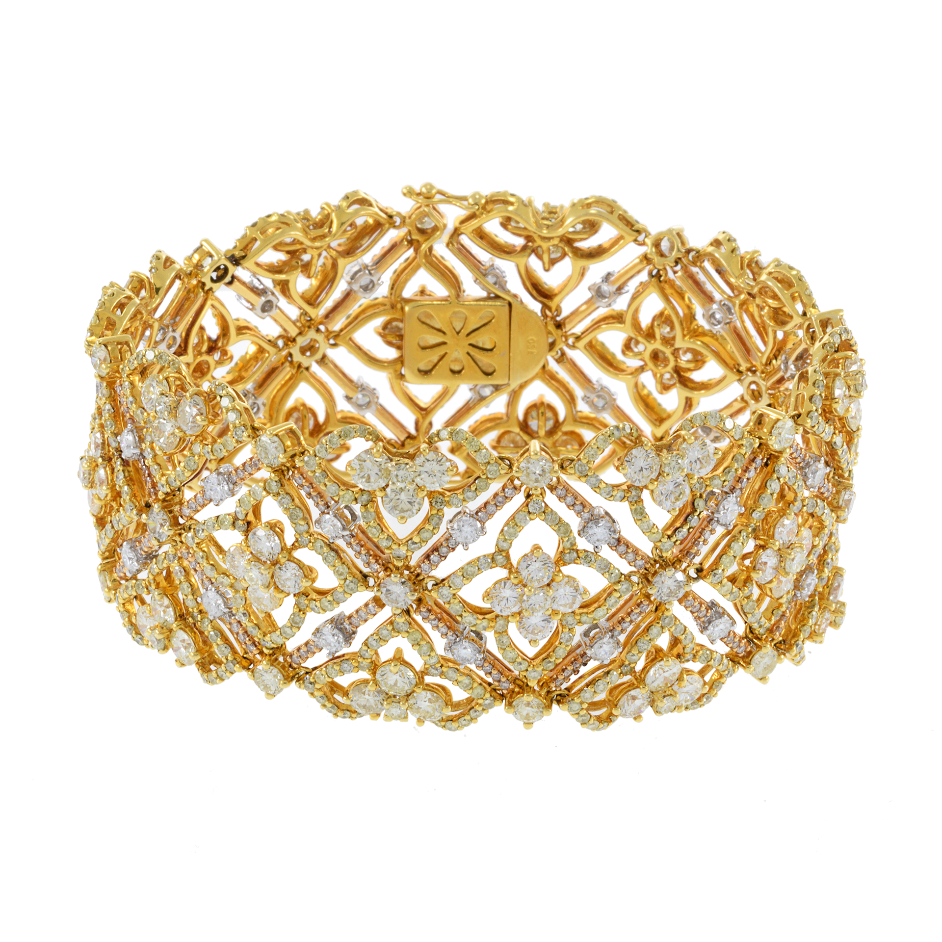 18KT Yellow Gold Wide Bracelet White and Yellow Diamond Bracelet