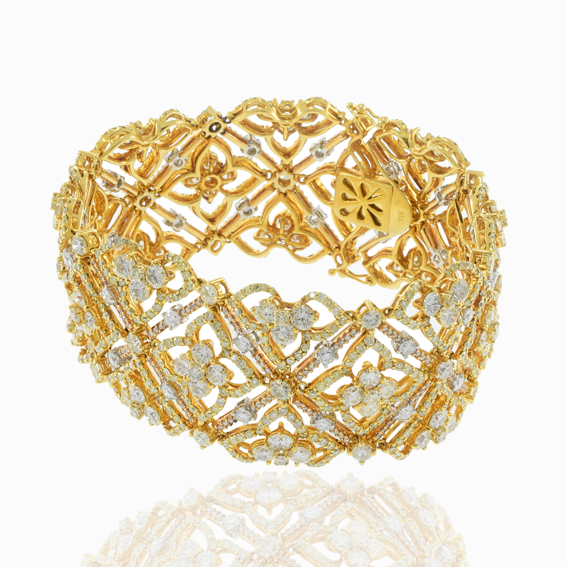 18KT Yellow Gold Wide Bracelet White and Yellow Diamond Bracelet