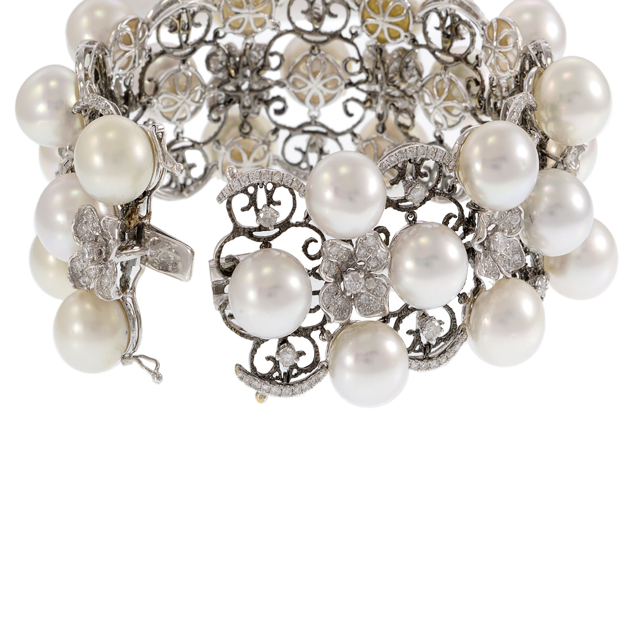 18kt White Gold, South Sea Pearl, and Diamond Three Row Bracelet with Flowers