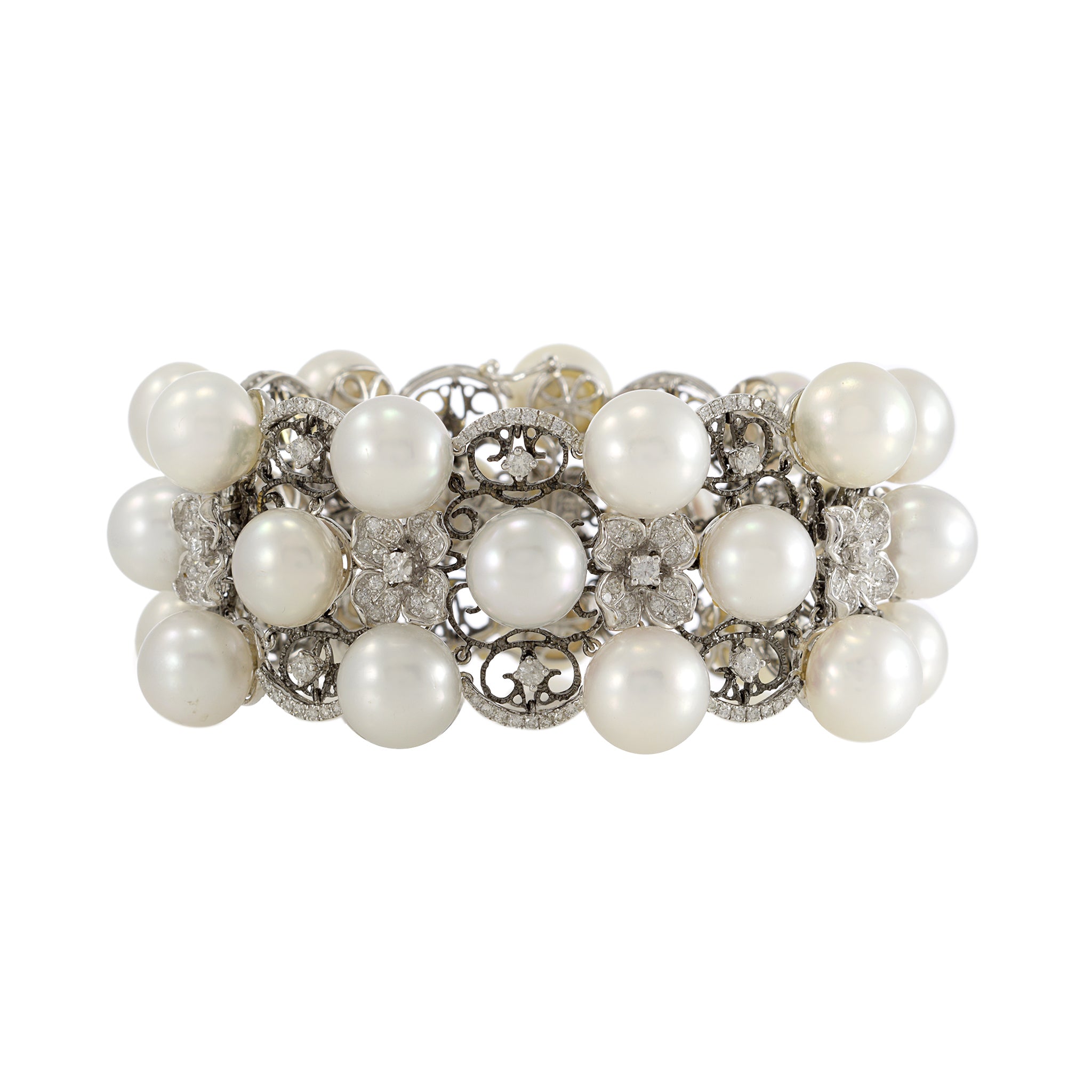 18kt White Gold, South Sea Pearl, and Diamond Three Row Bracelet with Flowers