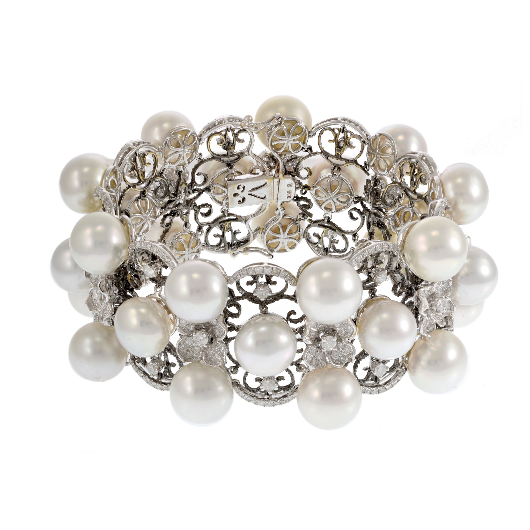 18kt White Gold, South Sea Pearl, and Diamond Three Row Bracelet with Flowers