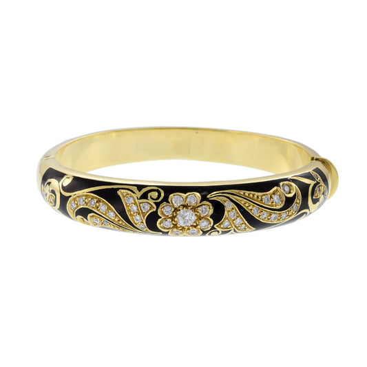 Victorian Era 18KT Yellow Gold Black Enamel And Diamond Bangle