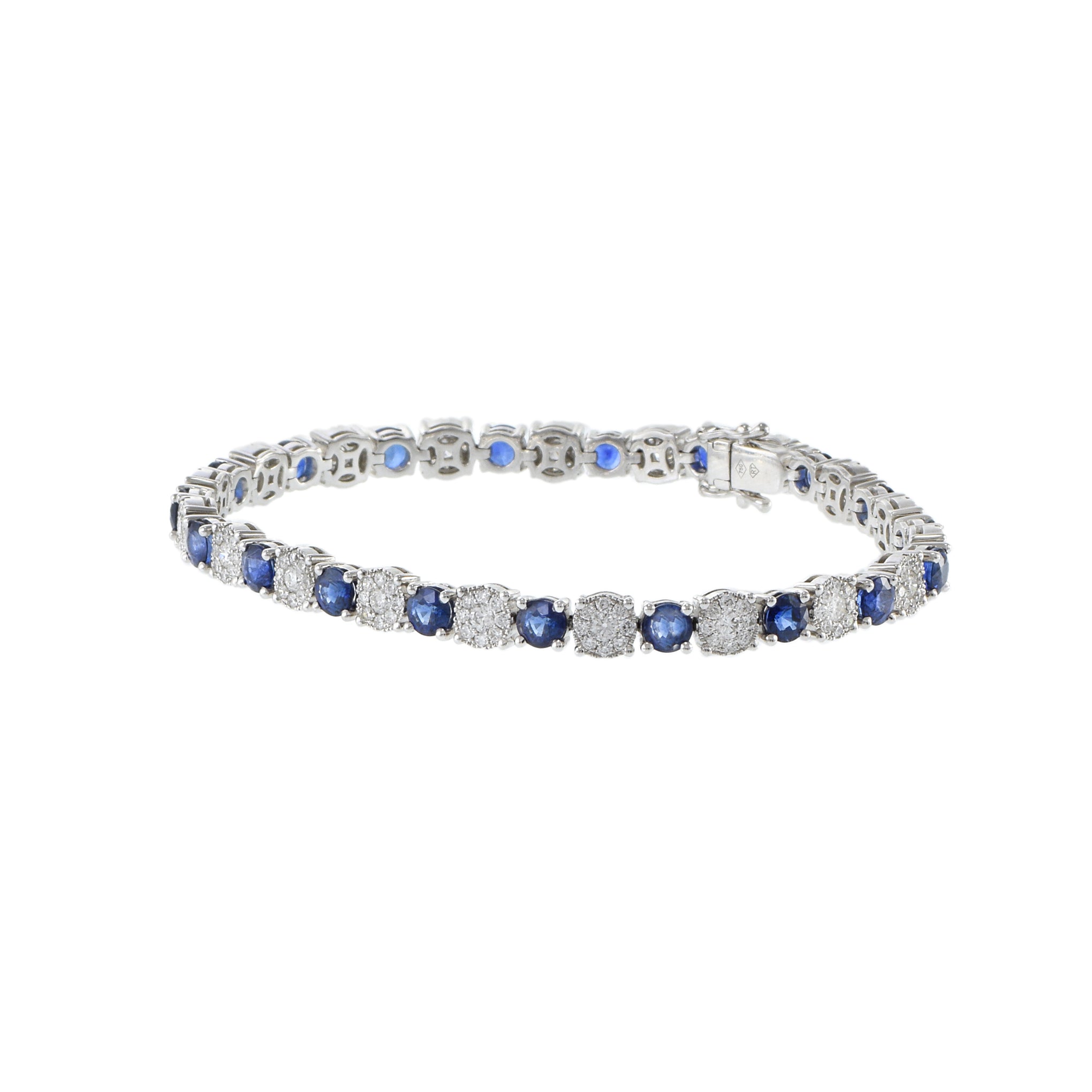18KT White Gold Round Cut Sapphire And Cluster Diamond Bracelet