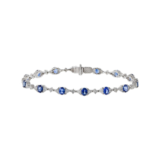 18KT White Gold Oval Cut Blue Sapphire and Diamond Bracelet