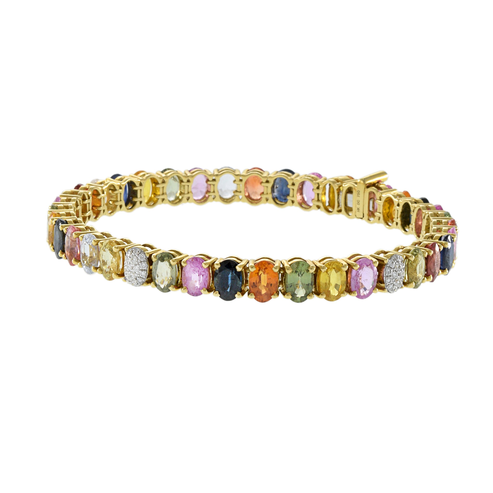 18KT Yellow Gold Bracelet with Round Cut Diamonds and Oval Multi-Color Sapphires