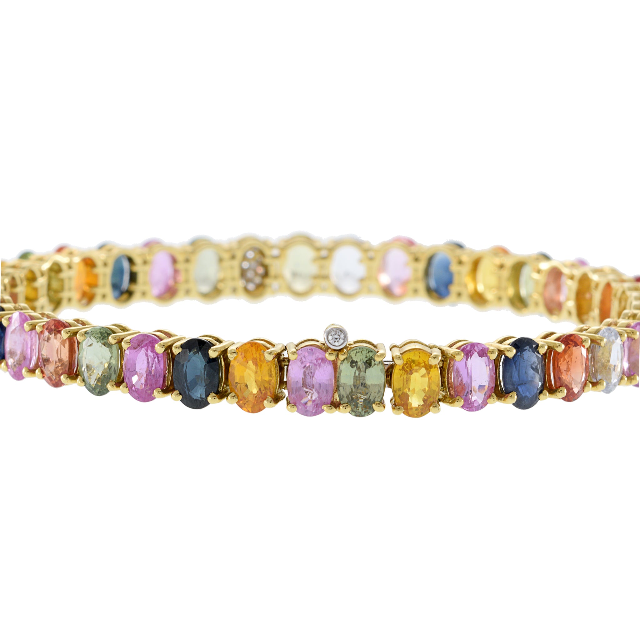 18KT Yellow Gold Bracelet with Round Cut Diamonds and Oval Multi-Color Sapphires