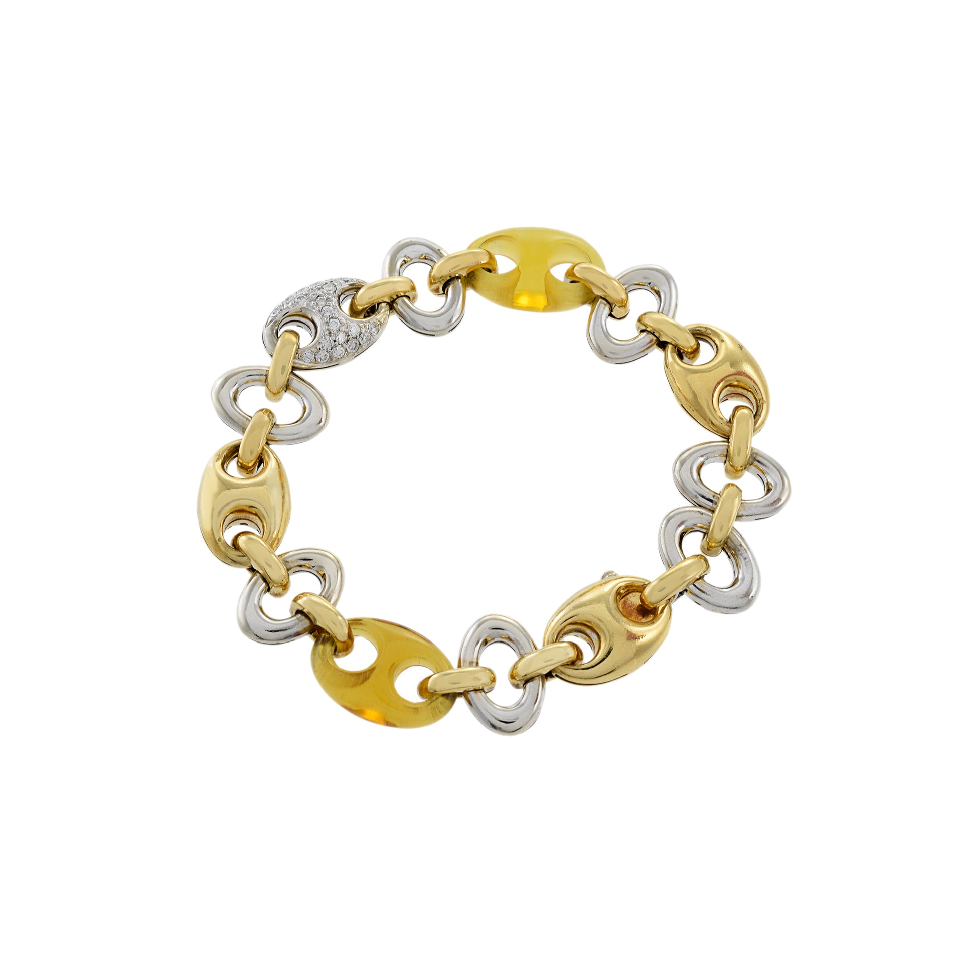 Estate 18KT Two Tone Gold Amber And Diamond Link Bracelet