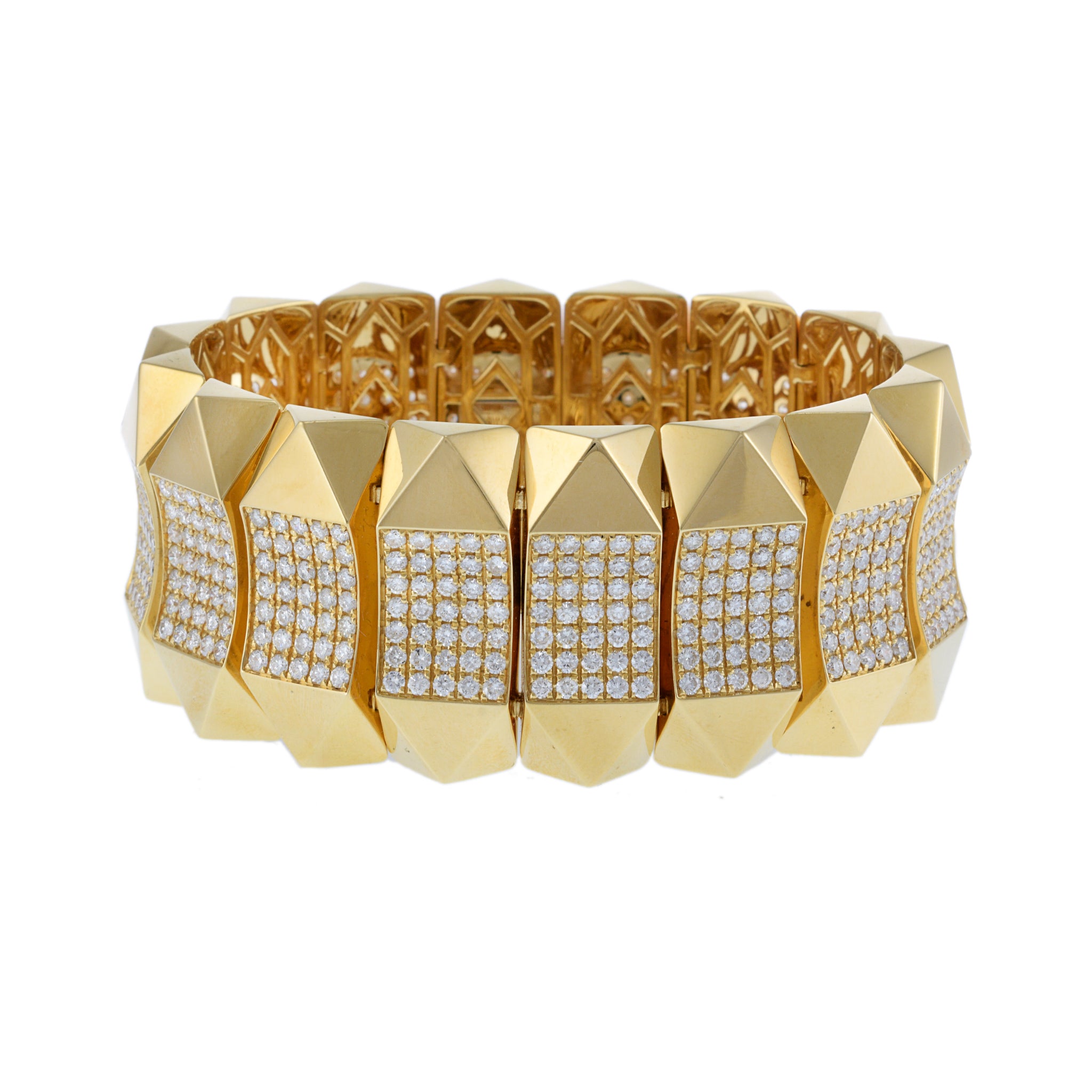 18KT Yellow Gold Pyramid Link Wide Diamond Bracelet