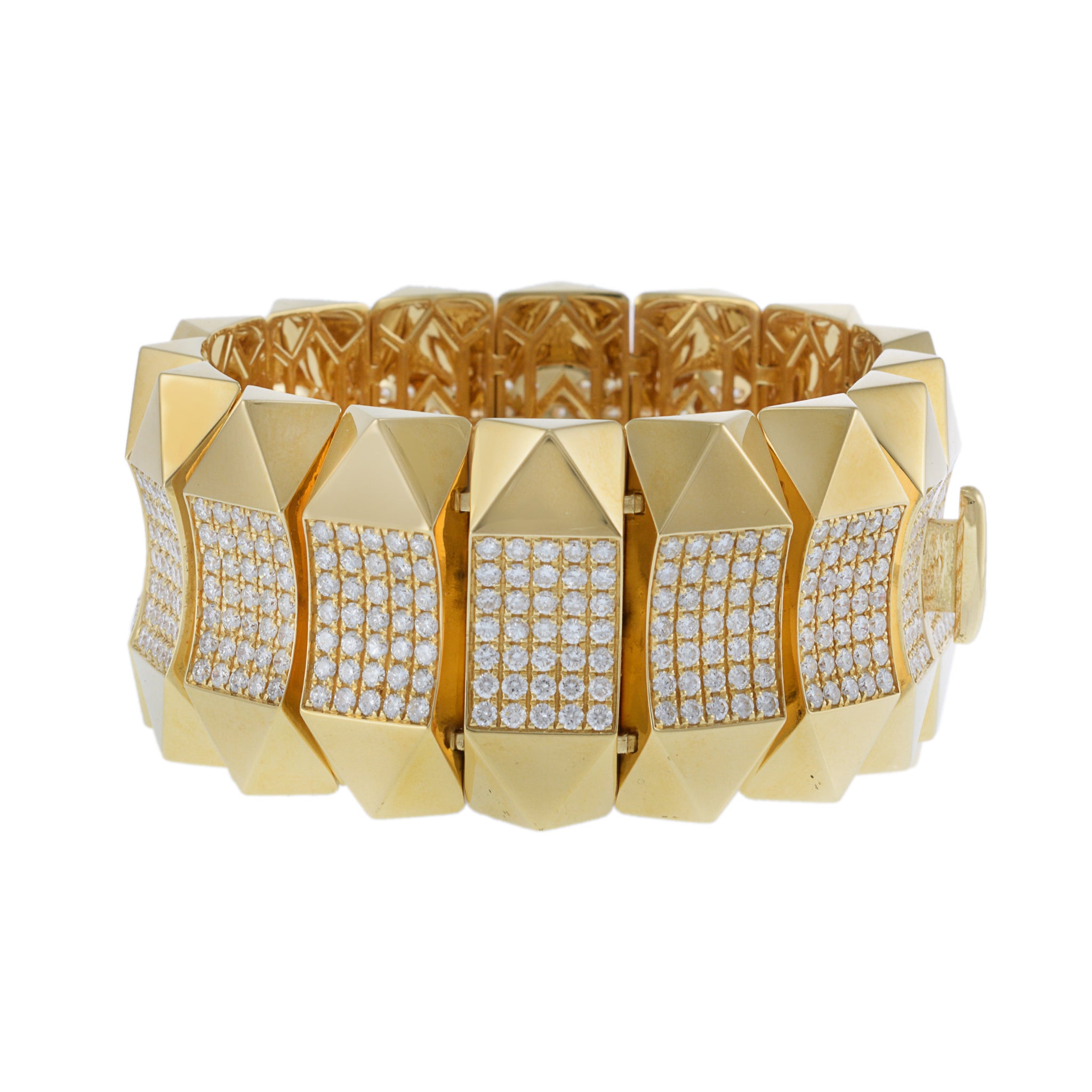 18KT Yellow Gold Pyramid Link Wide Diamond Bracelet