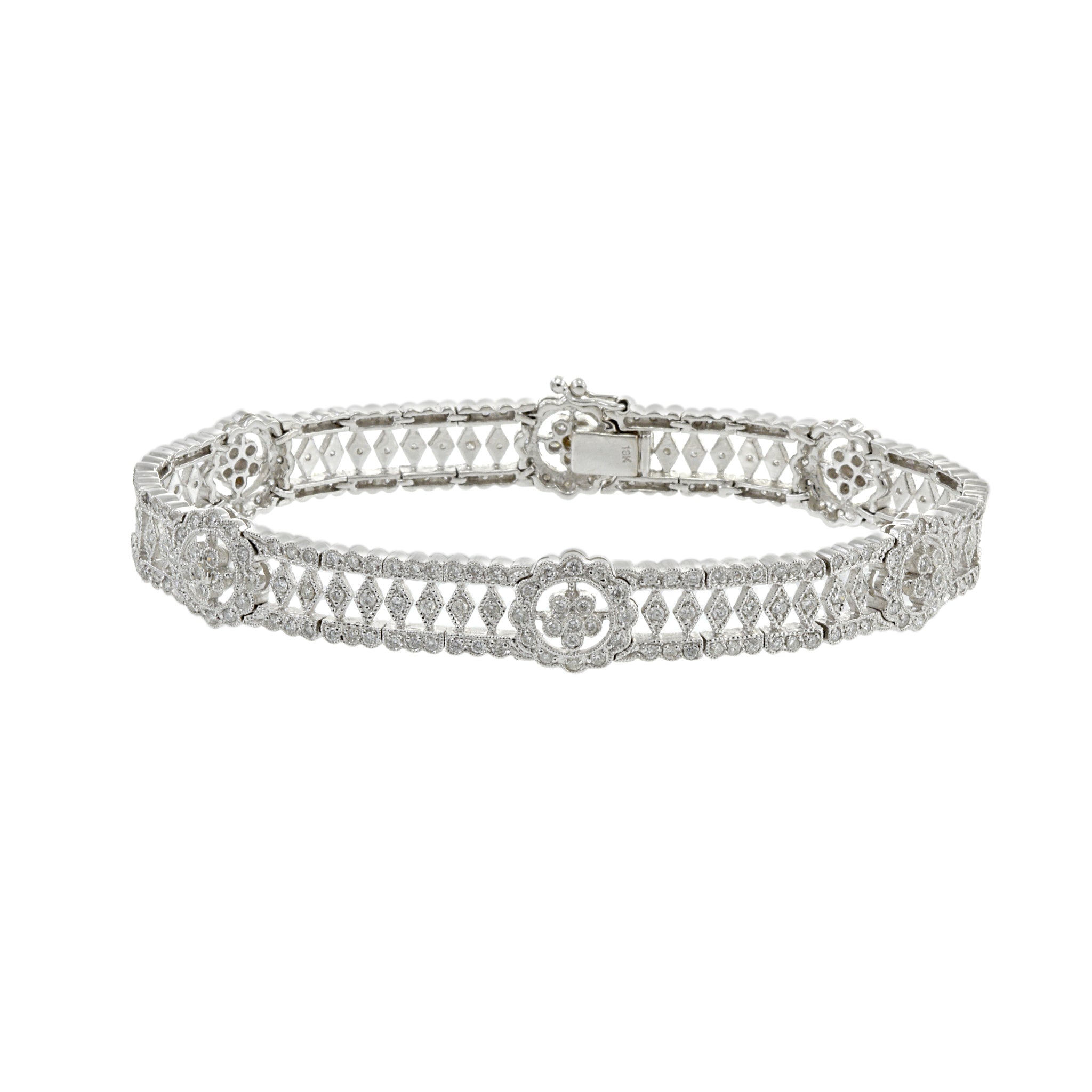 Estate 18KT White Gold Fancy Flower Filigree Diamond Bracelet