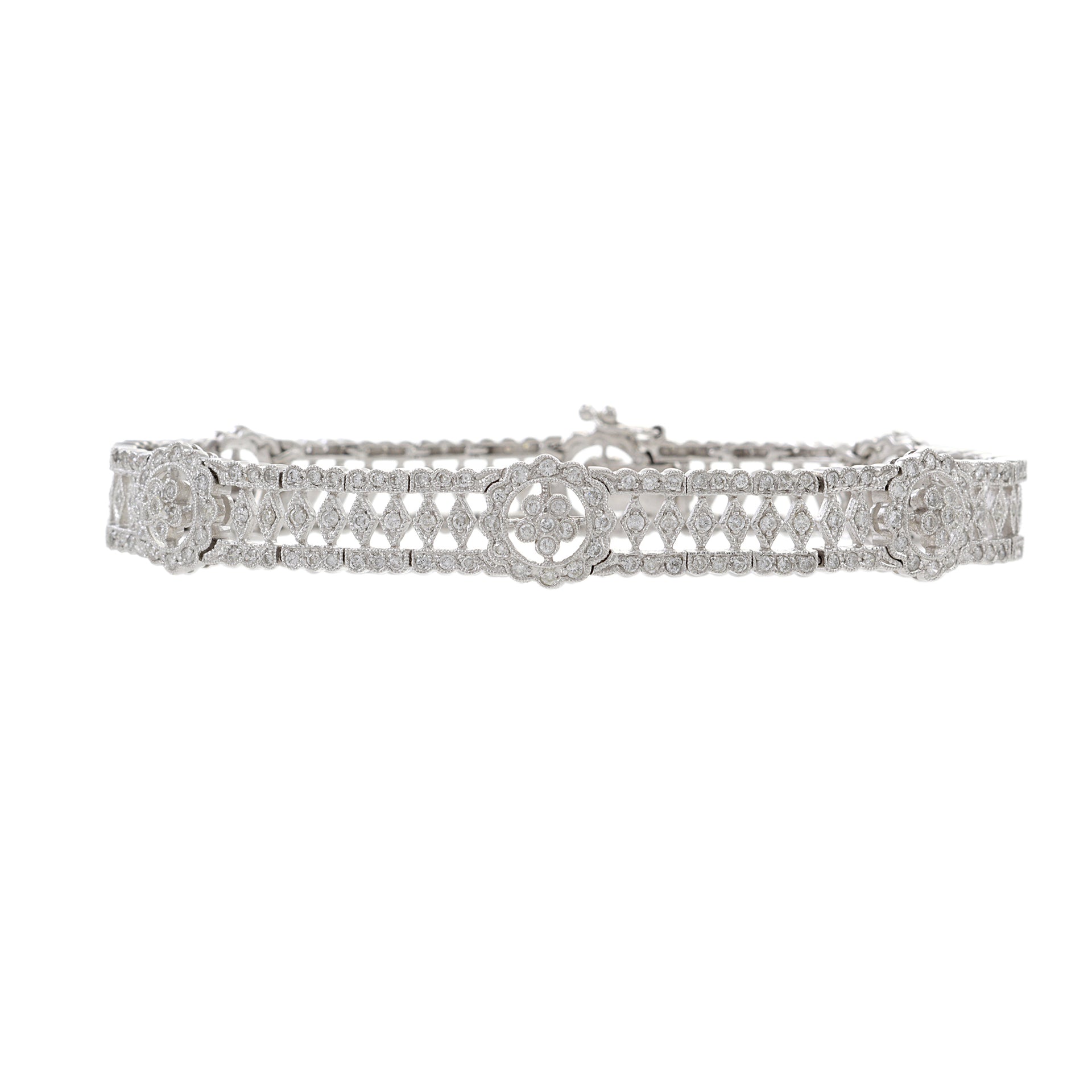 Estate 18KT White Gold Fancy Flower Filigree Diamond Bracelet