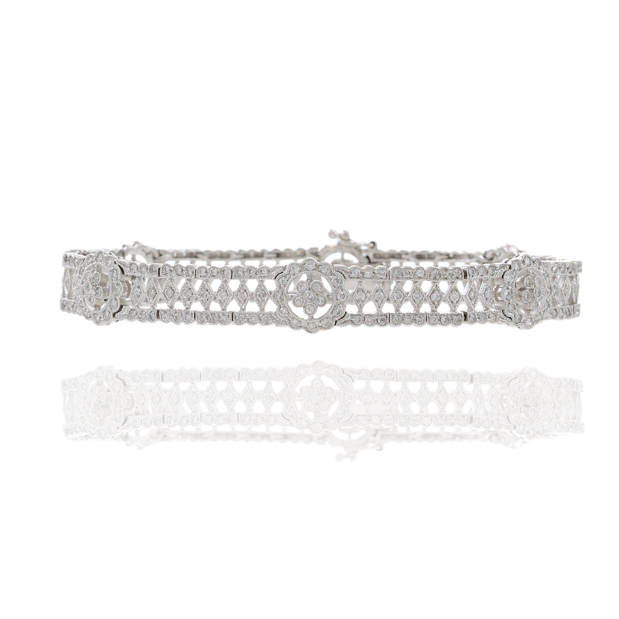 Estate 18KT White Gold Fancy Flower Filigree Diamond Bracelet