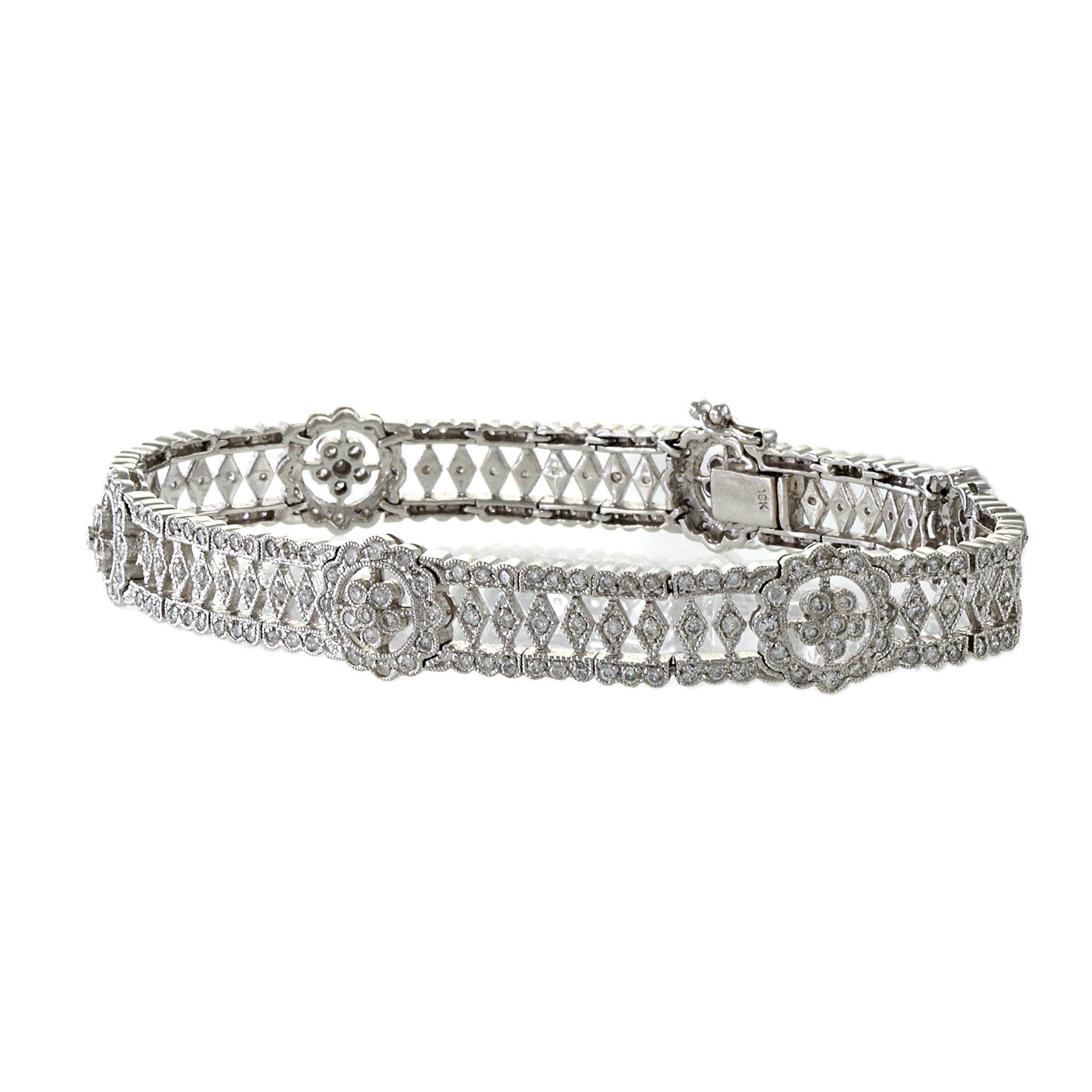 Estate 18KT White Gold Fancy Flower Filigree Diamond Bracelet