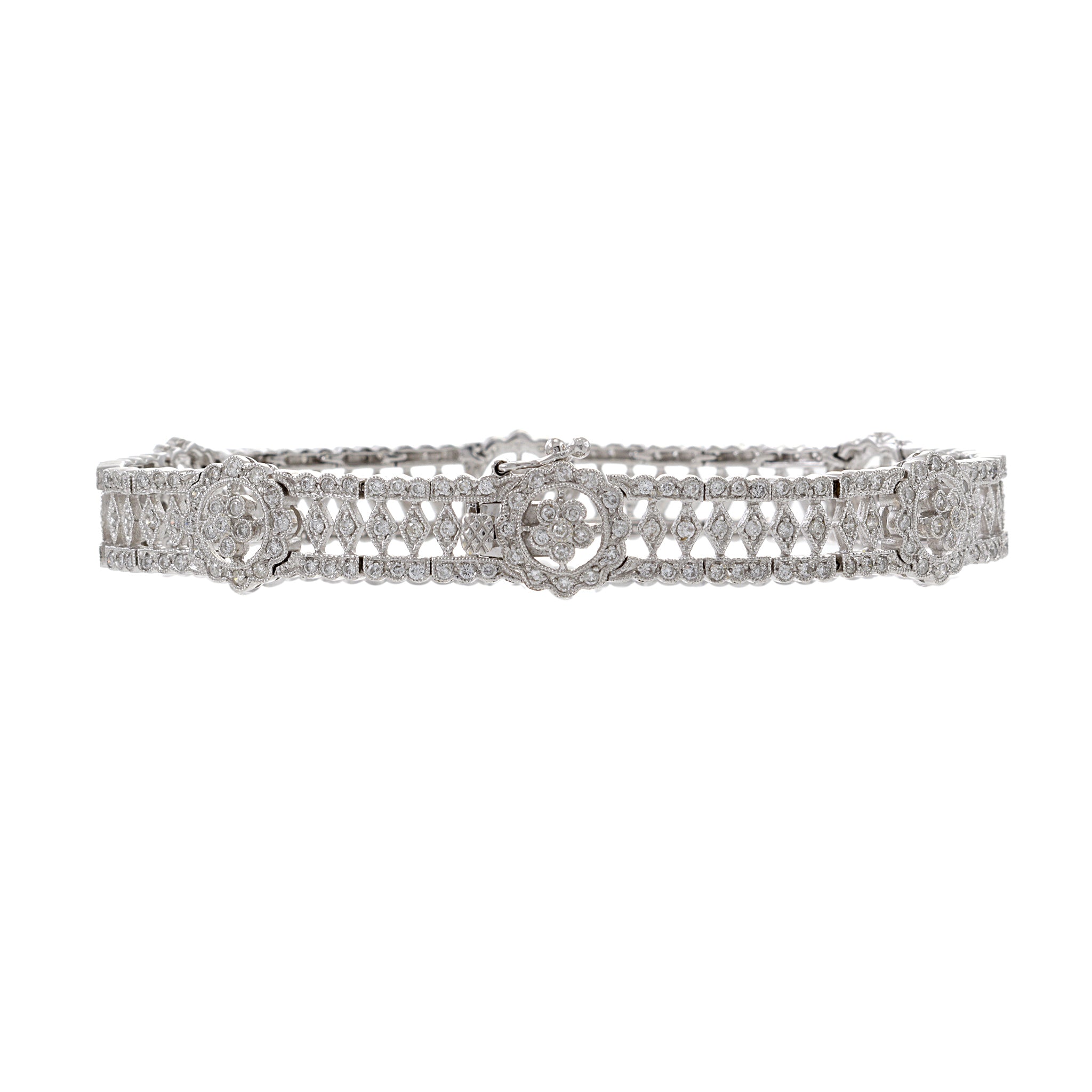 Estate 18KT White Gold Fancy Flower Filigree Diamond Bracelet