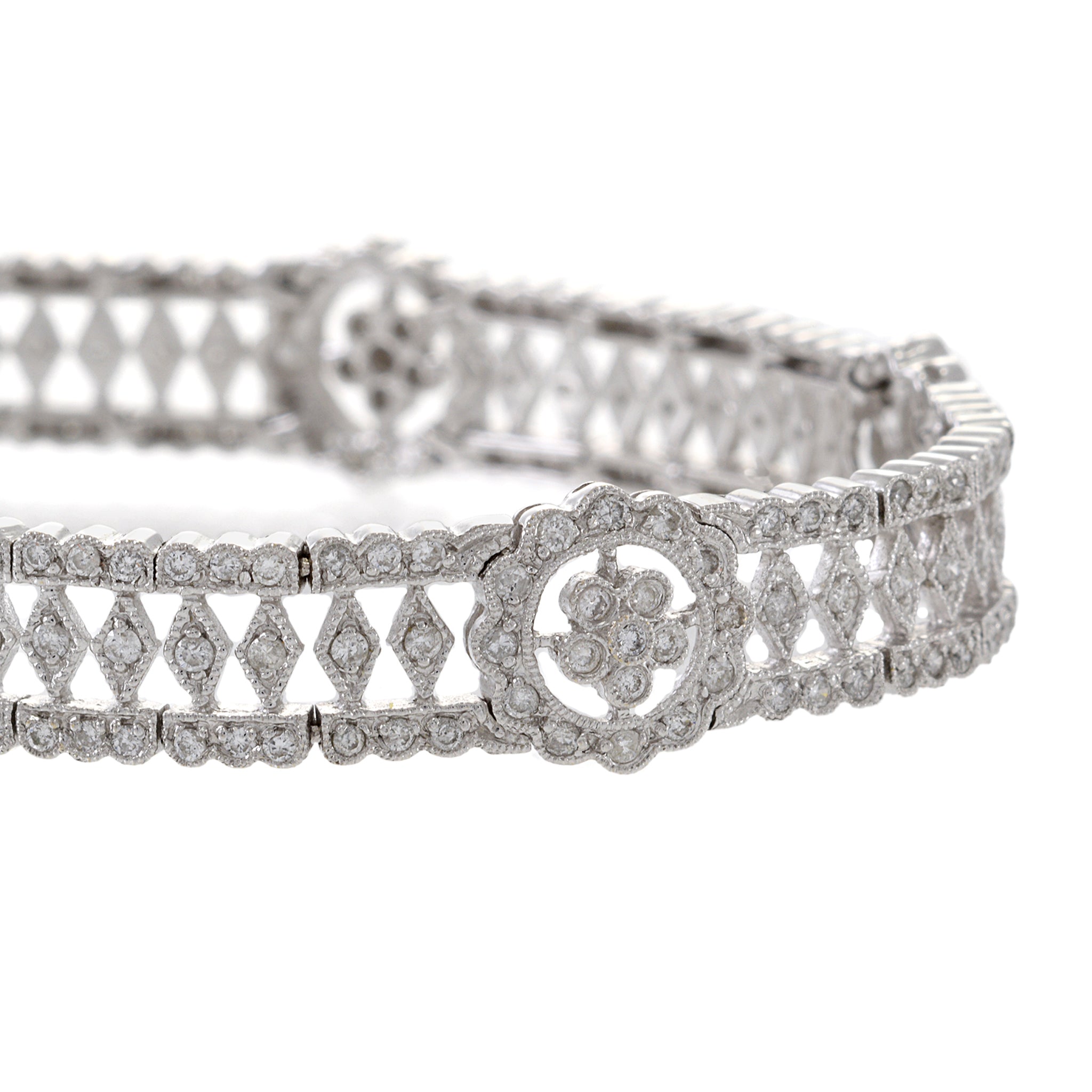 Estate 18KT White Gold Fancy Flower Filigree Diamond Bracelet