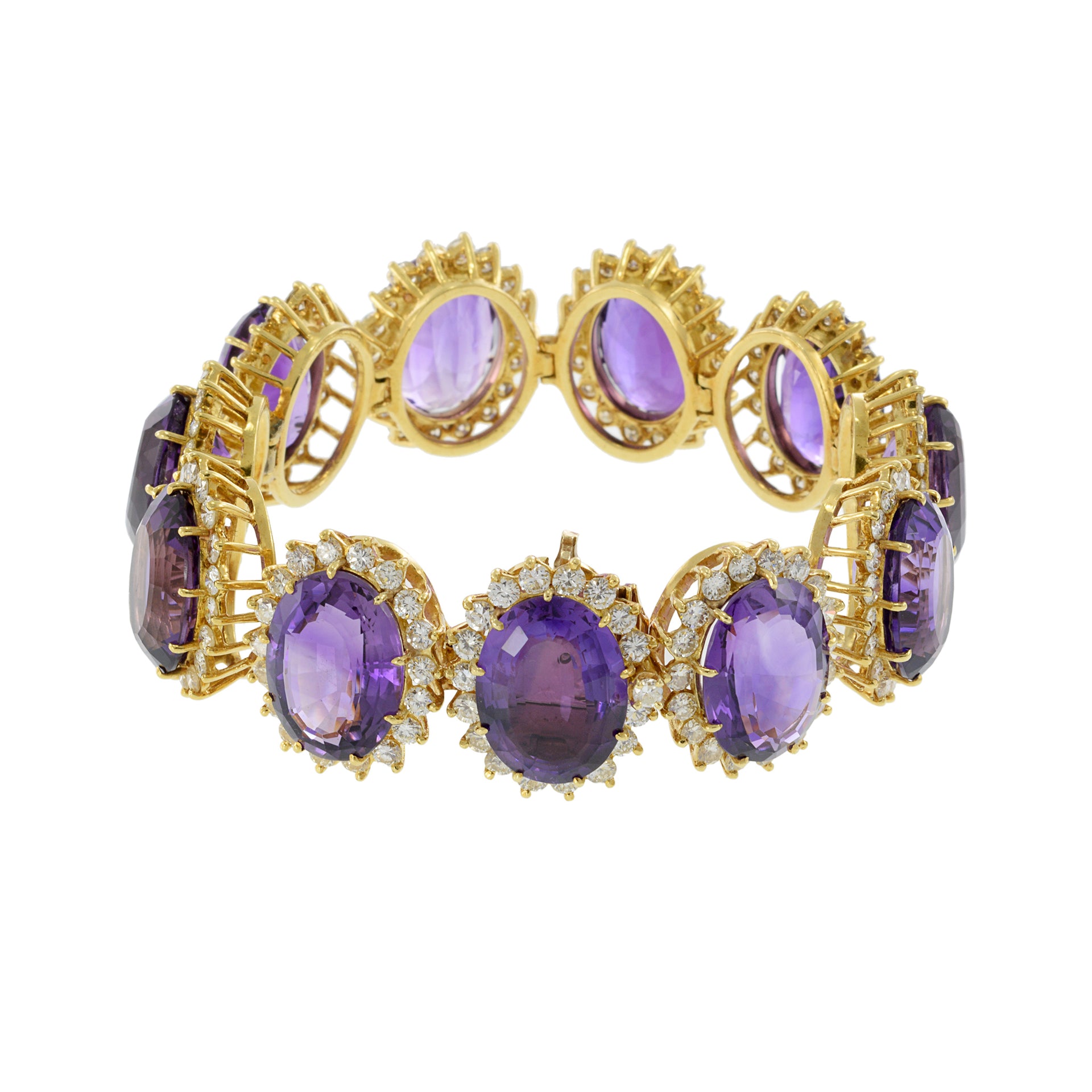 Vintage 18KT Yellow Gold Purple Amethyst and Diamond Bracelet