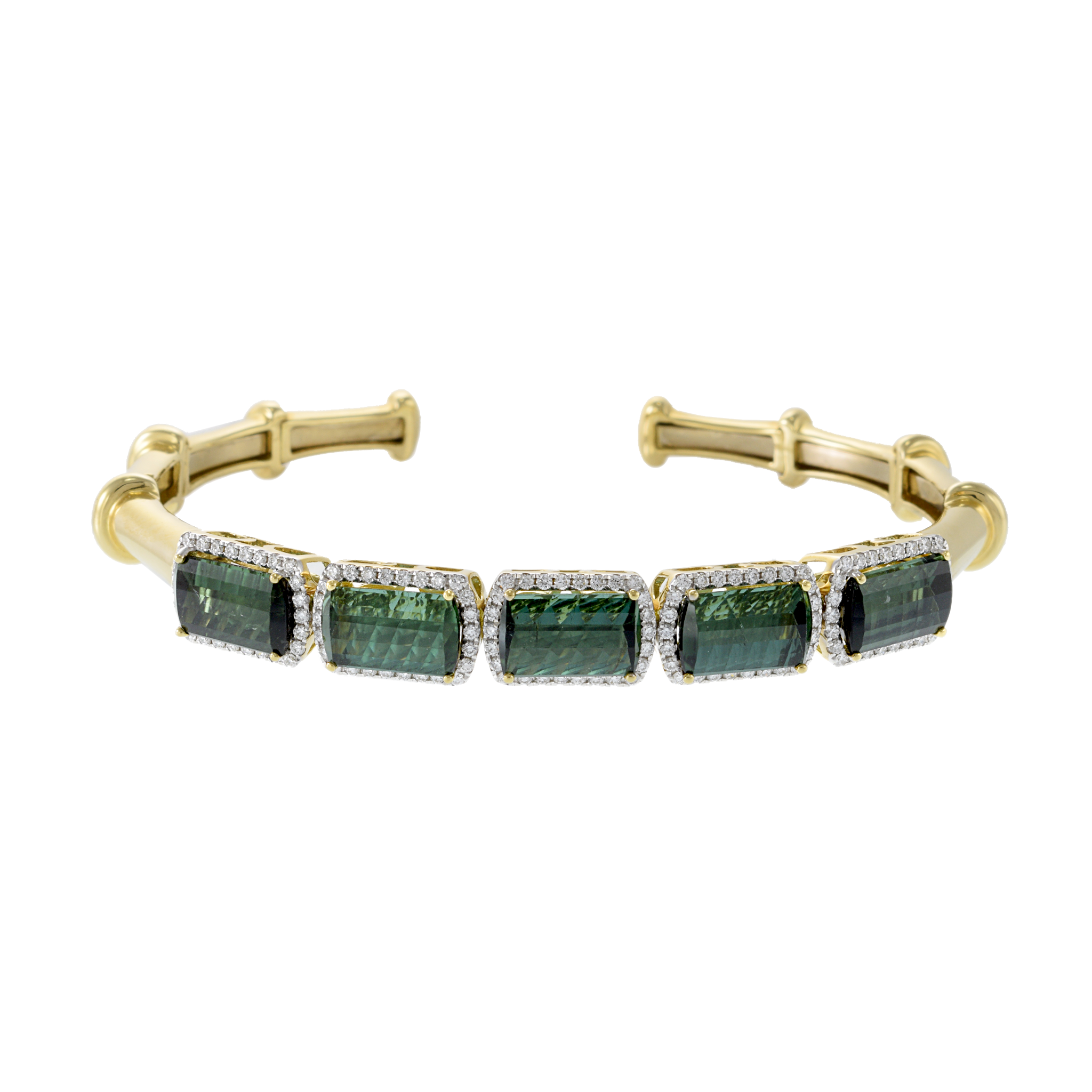 18KT Yellow Gold Green Tourmaline and Diamond Cuff Bracelet