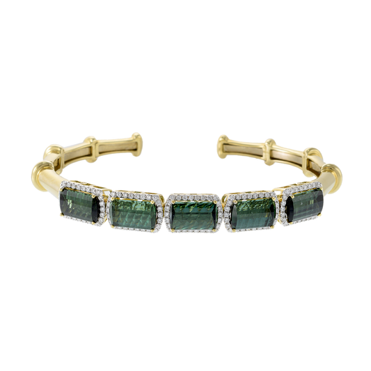 18KT Yellow Gold Green Tourmaline and Diamond Cuff Bracelet