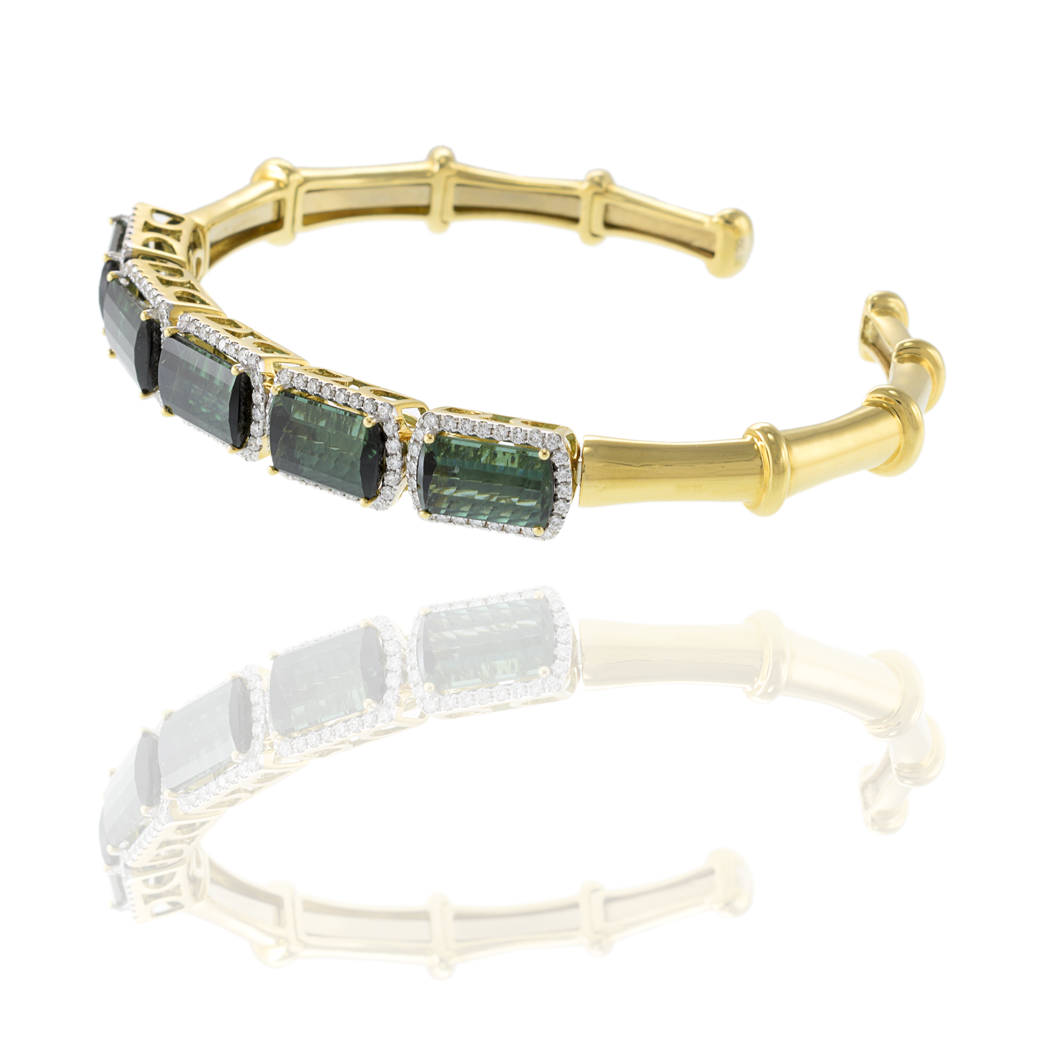 18KT Yellow Gold Green Tourmaline and Diamond Cuff Bracelet