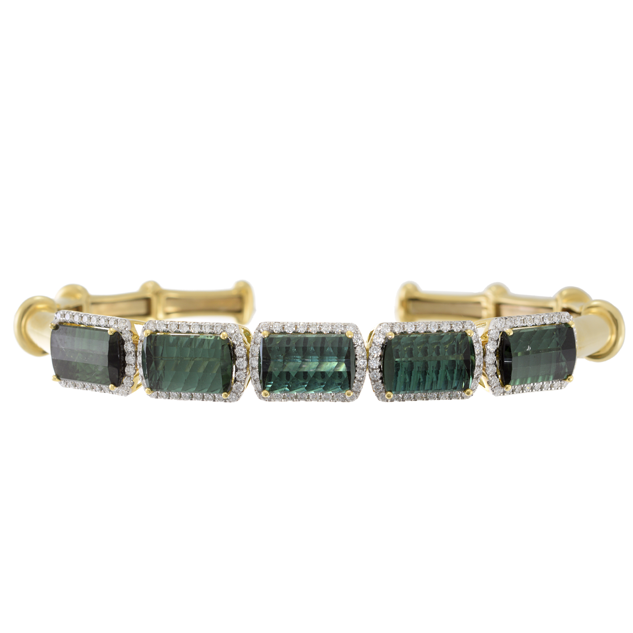 18KT Yellow Gold Green Tourmaline and Diamond Cuff Bracelet