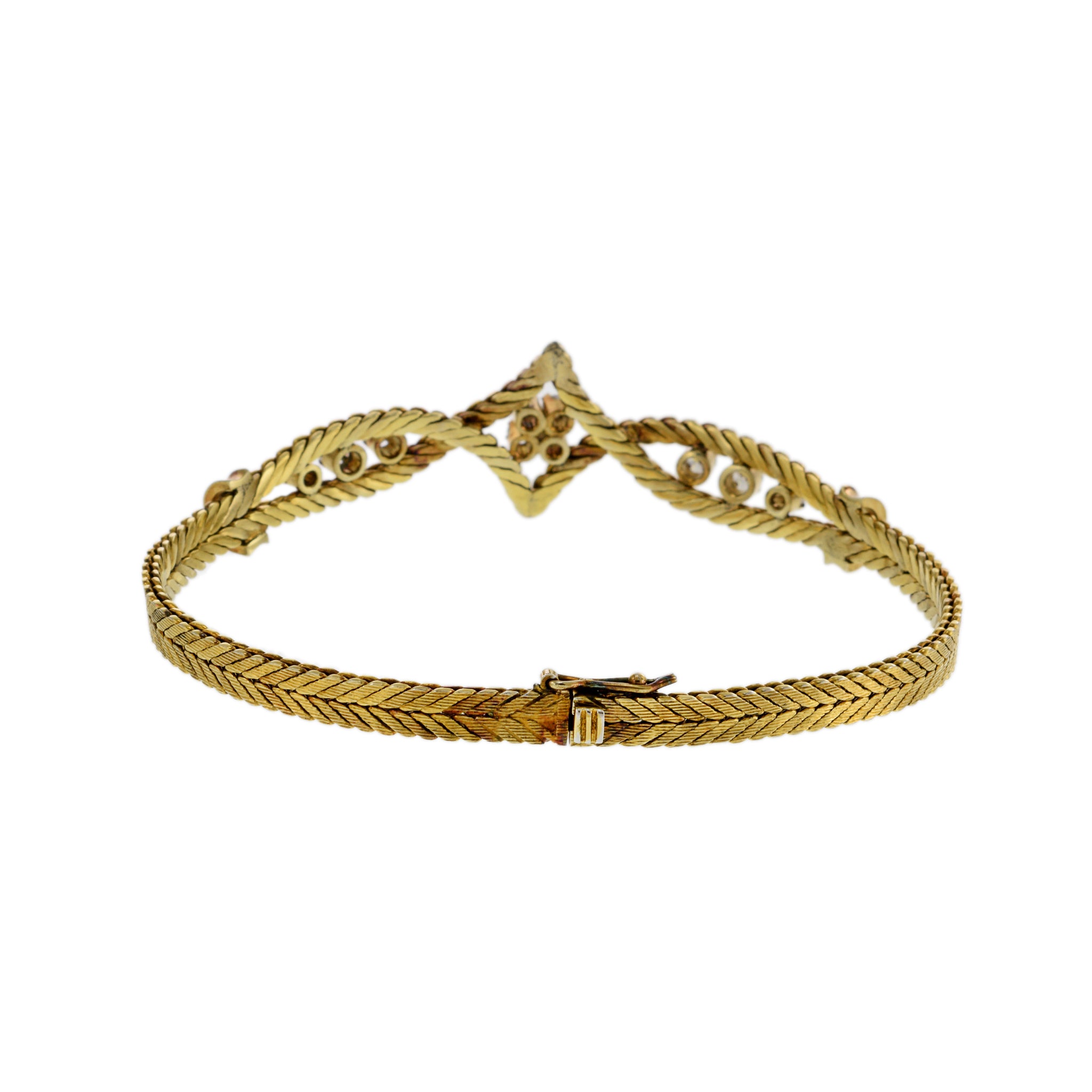 Vintage Retro Era 18KT Yellow Gold Herringbone Diamond Bracelet