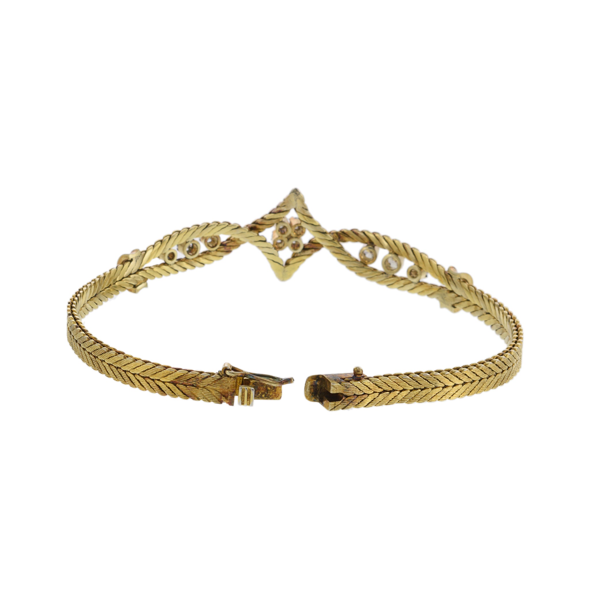 Vintage Retro Era 18KT Yellow Gold Herringbone Diamond Bracelet