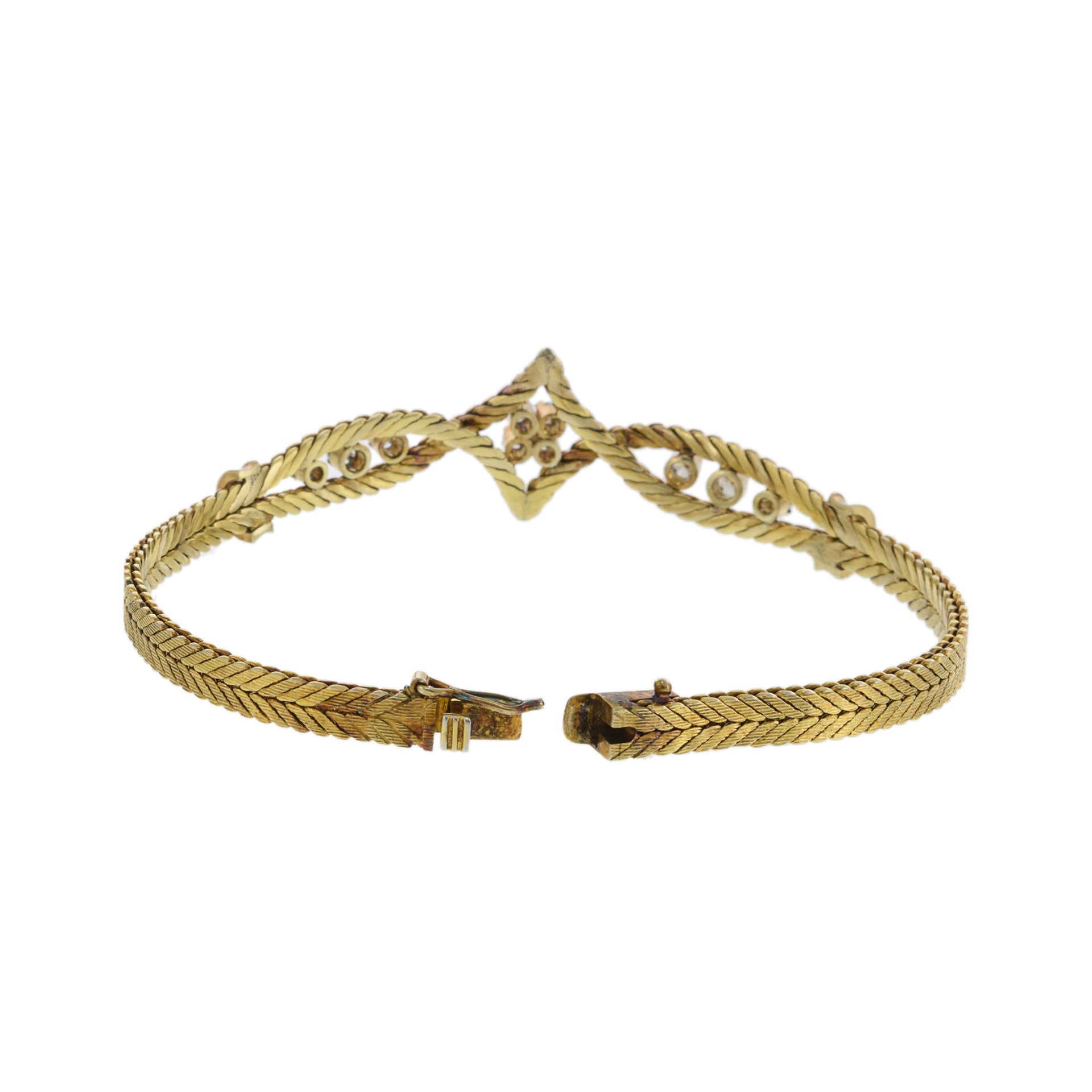 Vintage Retro Era 18KT Yellow Gold Herringbone Diamond Bracelet