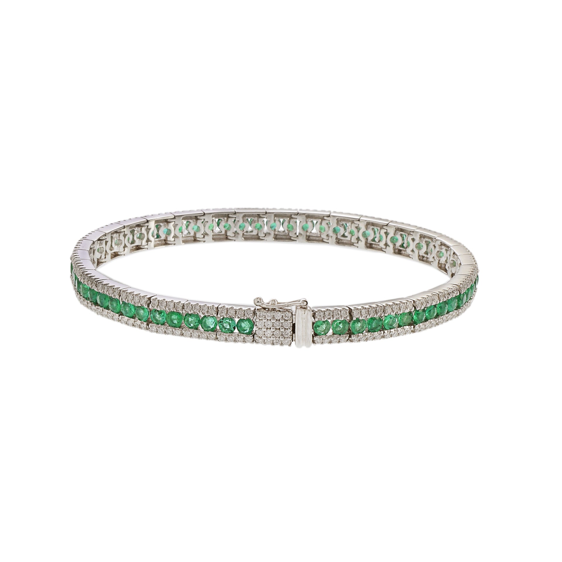 18KT White Gold Bracelet with Round Cut Diamonds and Emeralds