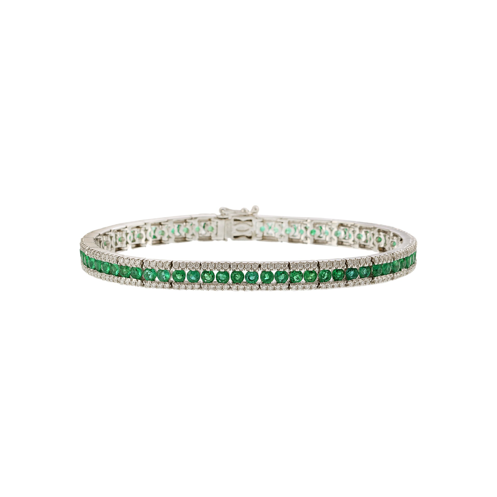 18KT White Gold Bracelet with Round Cut Diamonds and Emeralds