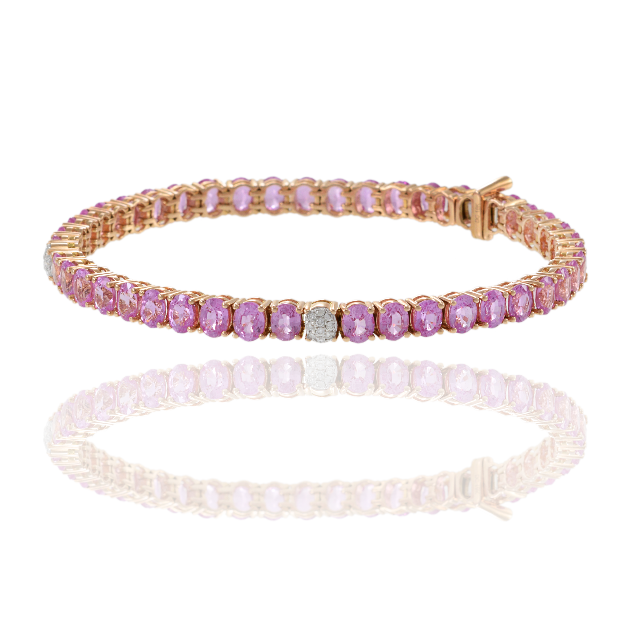 18KT Rose Gold Bracelet with Round Cut Diamonds and Oval Pink Sapphires