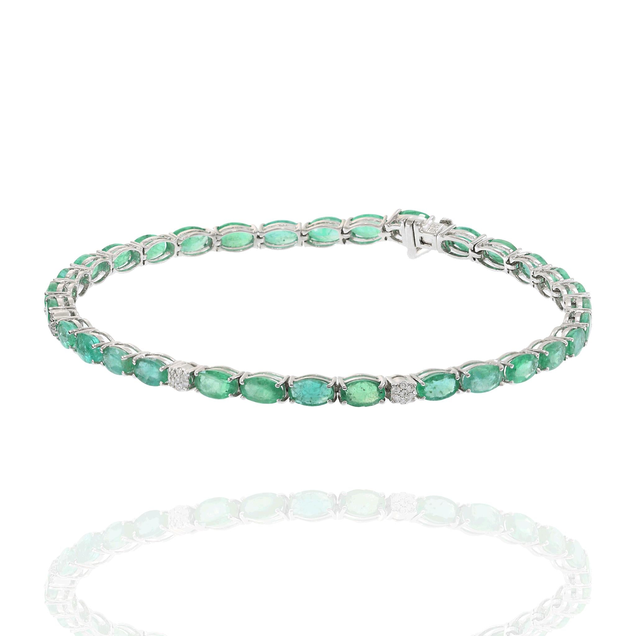 18KT White Gold Oval Emerald and Diamond Tennis Bracelet – 7" Inch