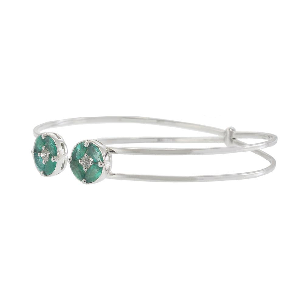 18KT White Gold Emerald and Diamond Open Bangle with Circular Cluster Accents