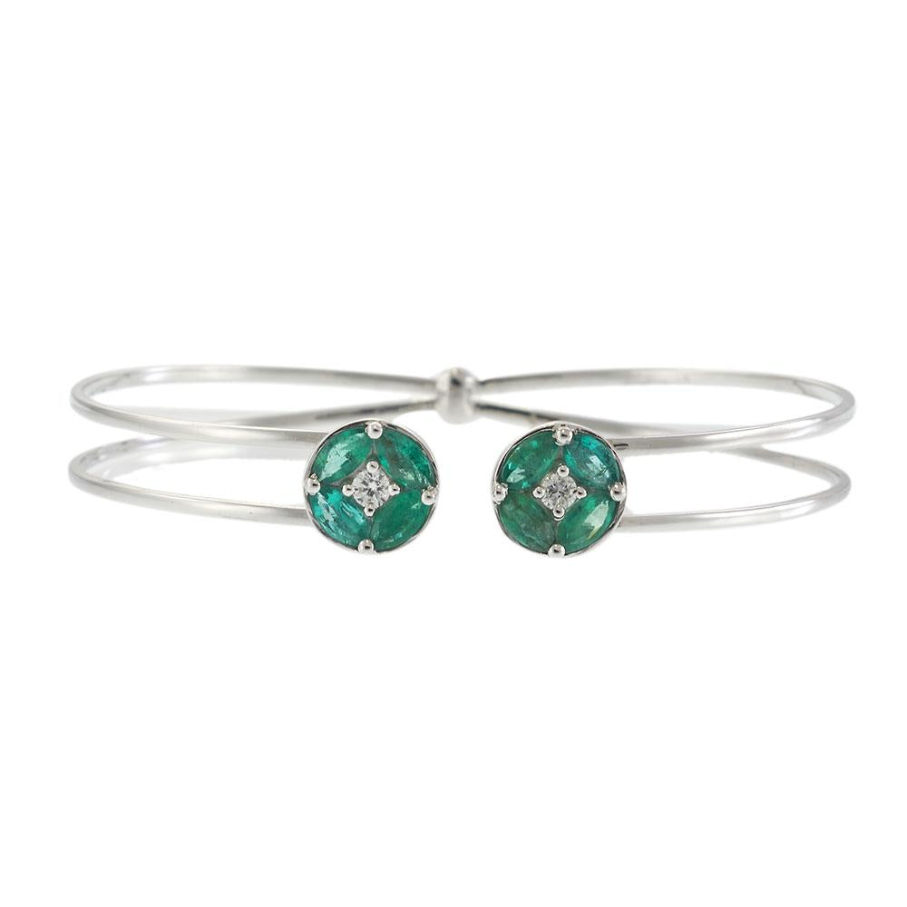 18KT White Gold Emerald and Diamond Open Bangle with Circular Cluster Accents